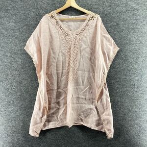 Bellanbra Blouse Women M Medium Pink Geometric Crochet Short Sleeve Linen